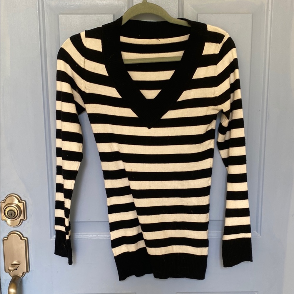 Striped Black and White Women's V-neck Sweater